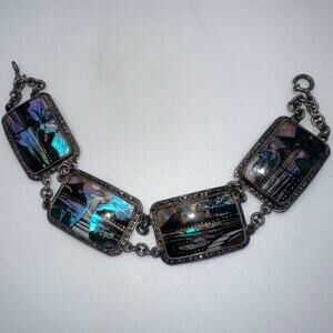 Alfano Brazil antique Art Deco morpho blue butterfly wing glass panel bracelet